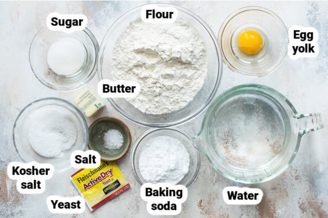 Labeled ingredients for homemade soft pretzels.