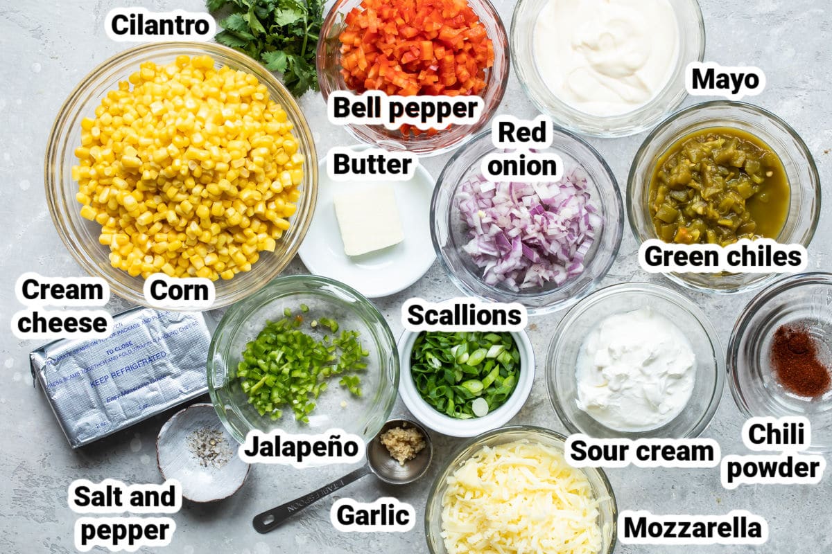 Labeled ingredients for hot corn dip.