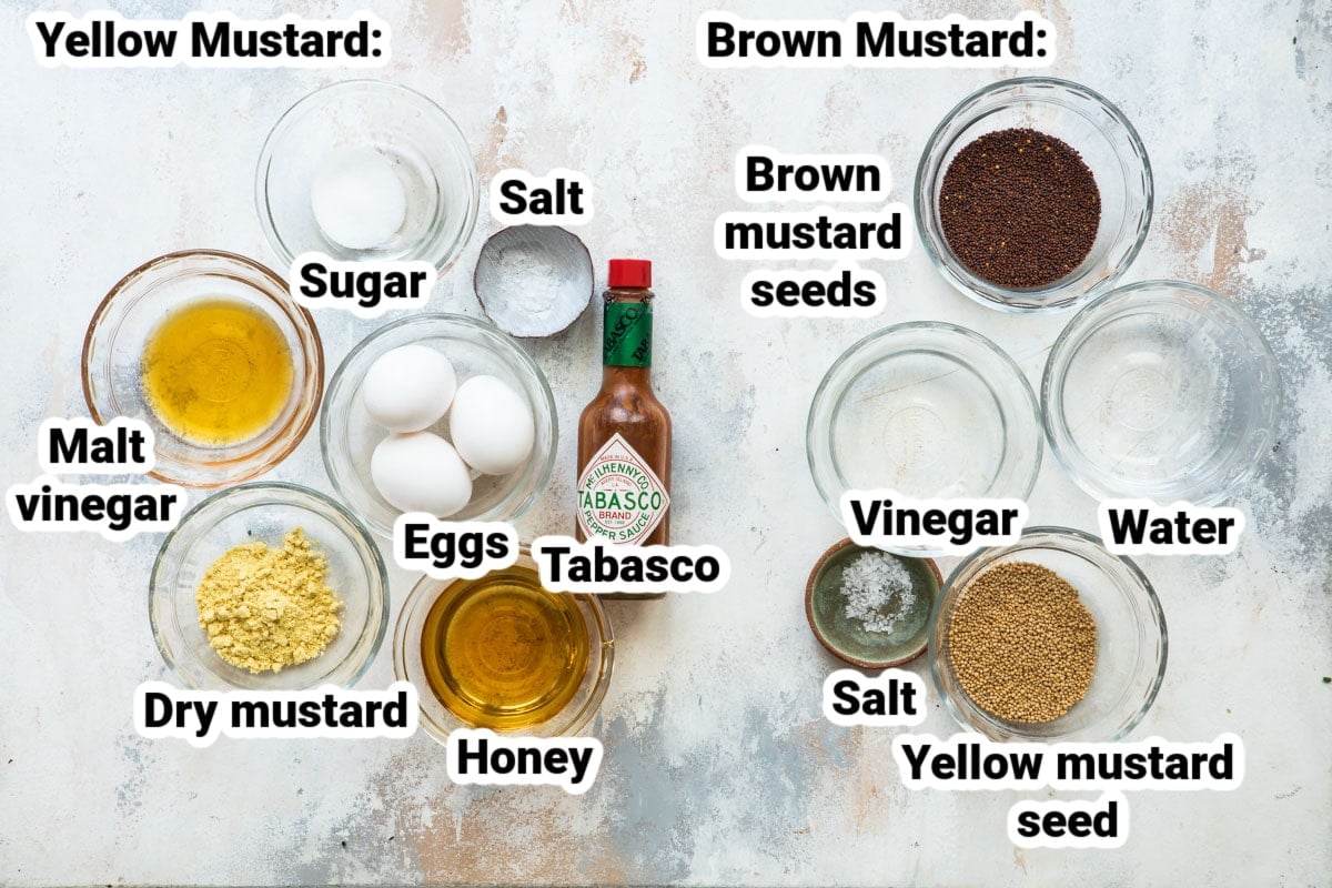 Labeled ingredients for brown and yellow mustard.
