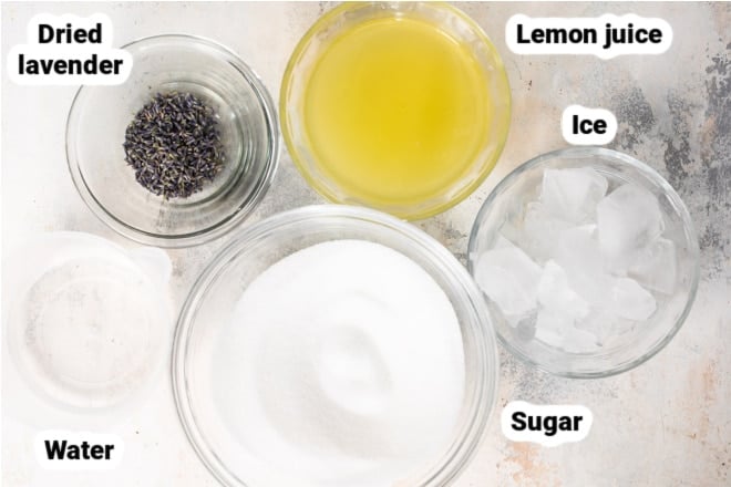 Labeled ingredients for lavender lemonade.