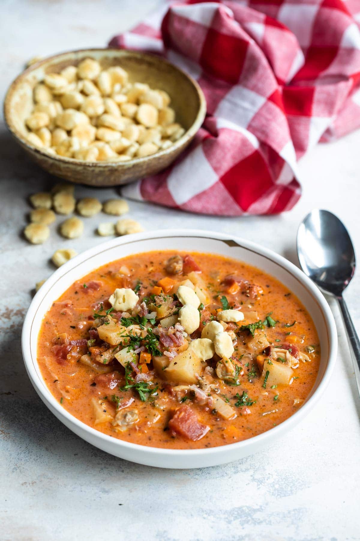 A bowl of Manhattan clam chowder soup with oyster crackers garnishing it.