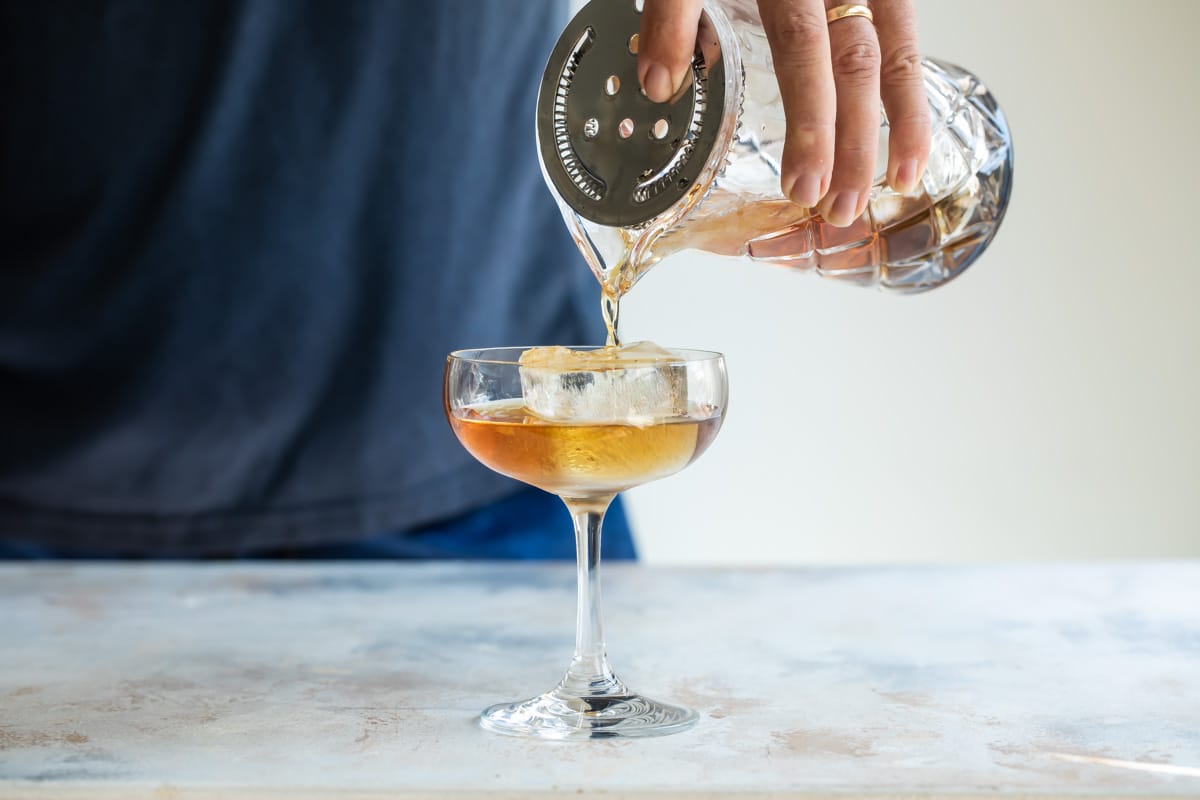 A Manhattan cocktail in a coup glass.