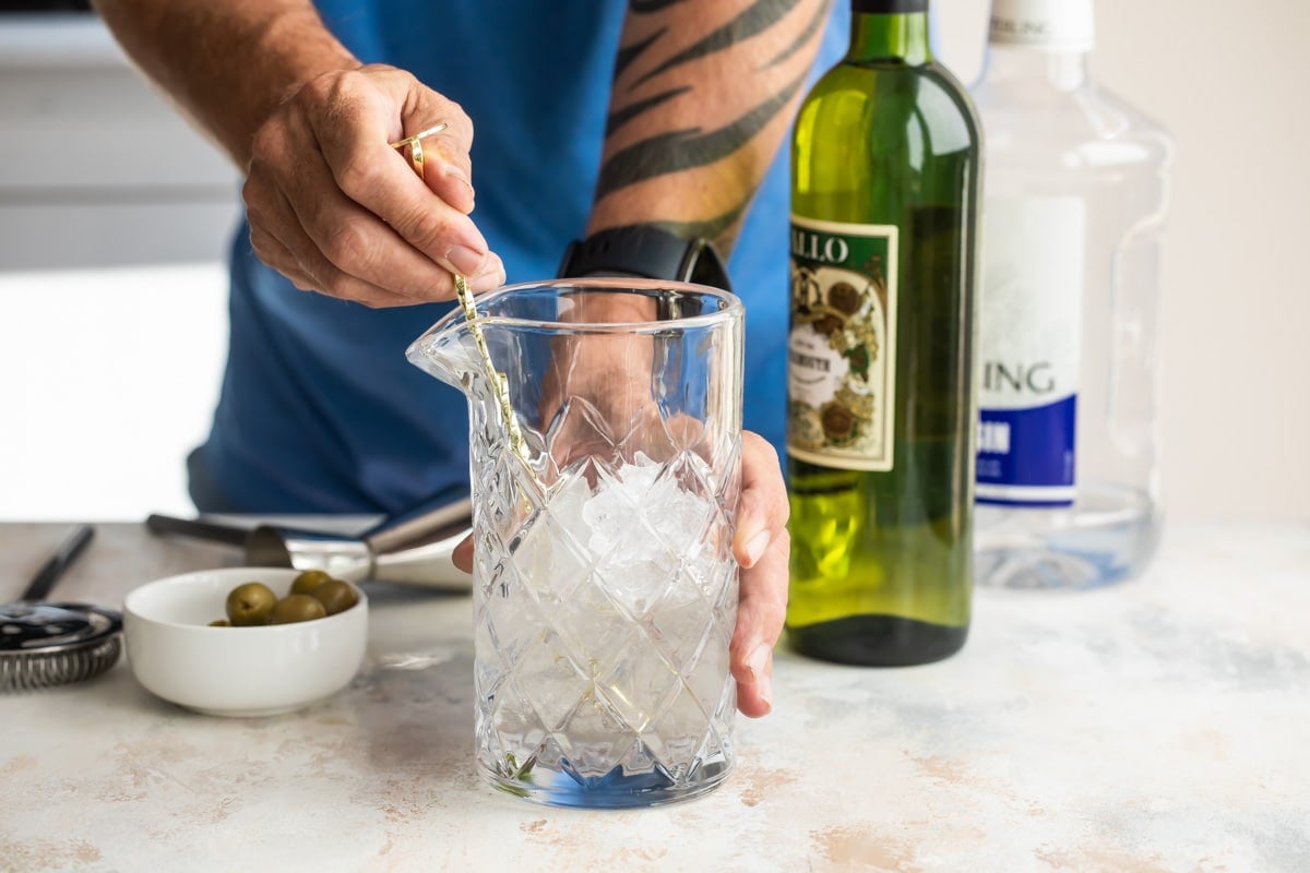Mixing up a dry martini.