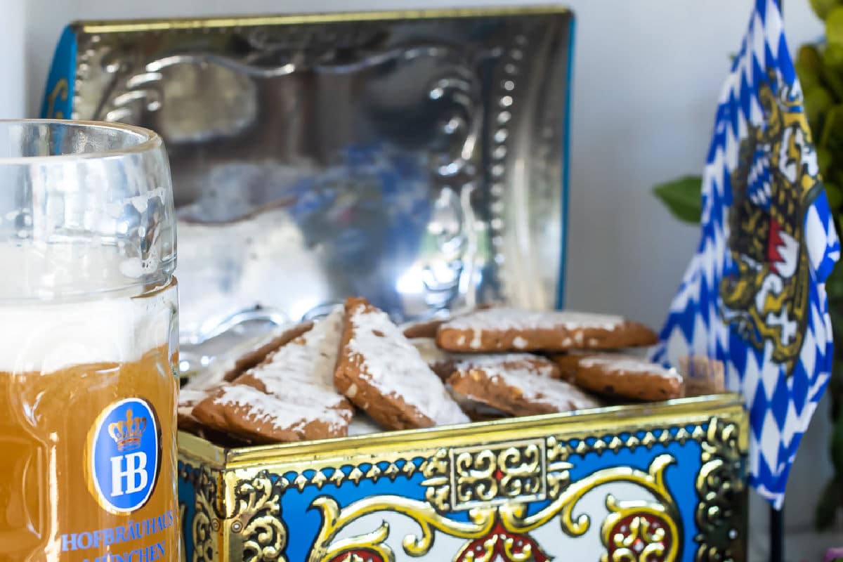 Glazed Lebkuchen on a cutting board.
