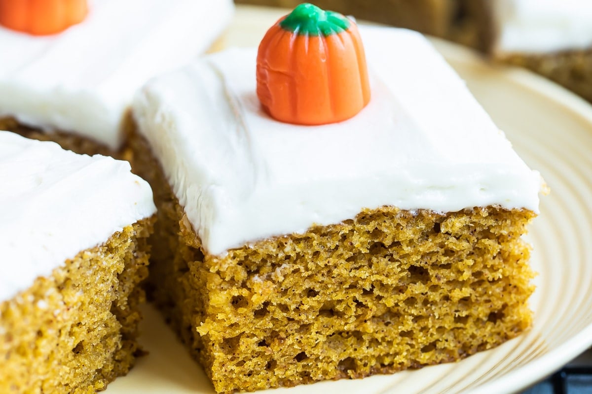 Pumpkin bars on a white plate.