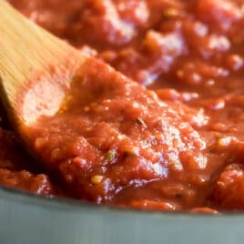A saucepan with quick tomato sauce simmering in it.