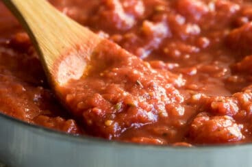 A saucepan with quick tomato sauce simmering in it.