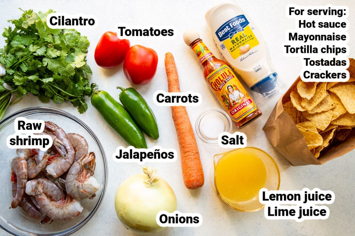 Labeled shrimp ceviche ingredients.