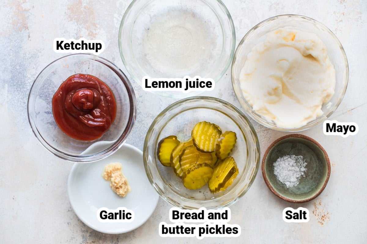 Labeled ingredients for thousand island dressing.