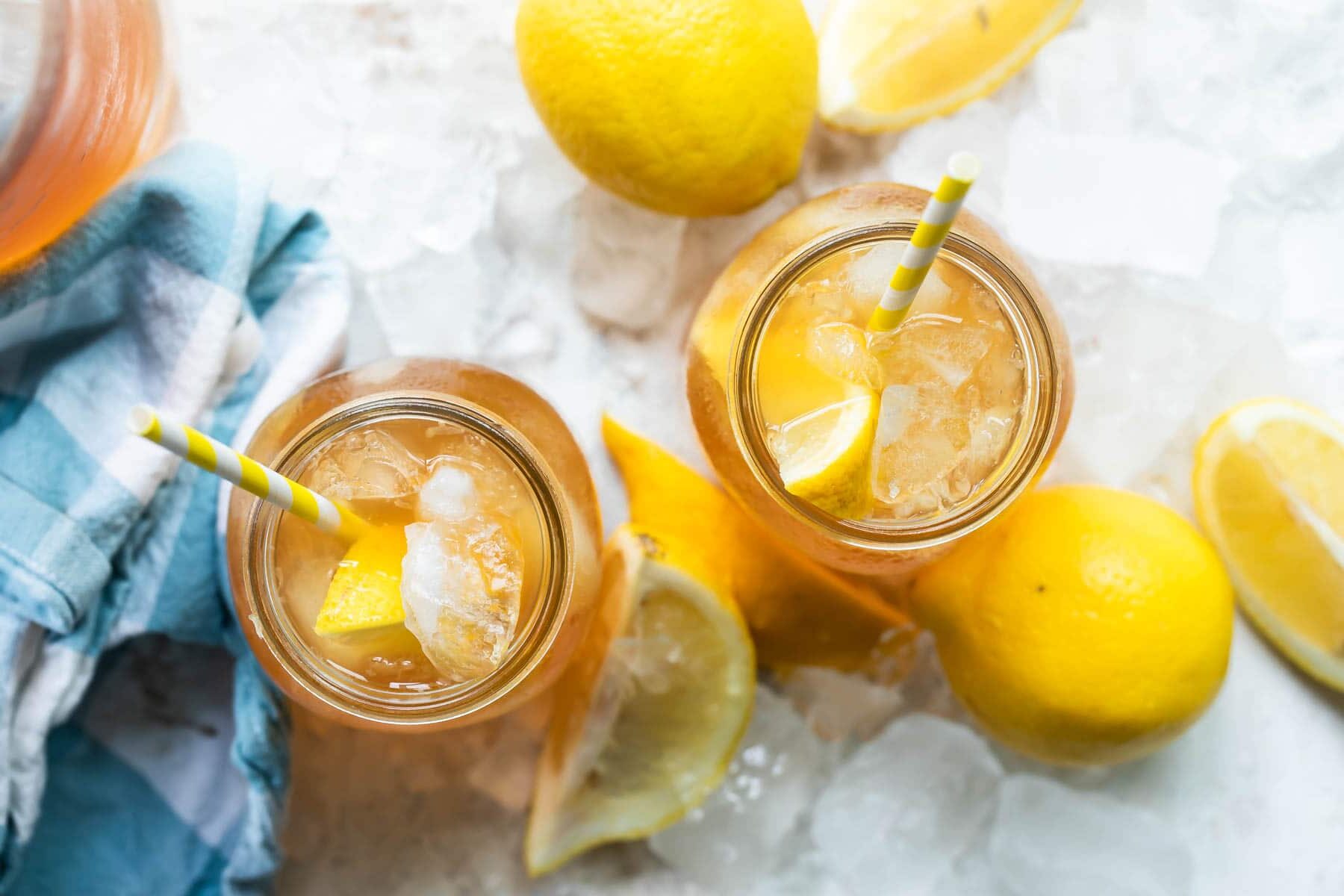 Glasses of arnold palmer (iced tea and lemonade).