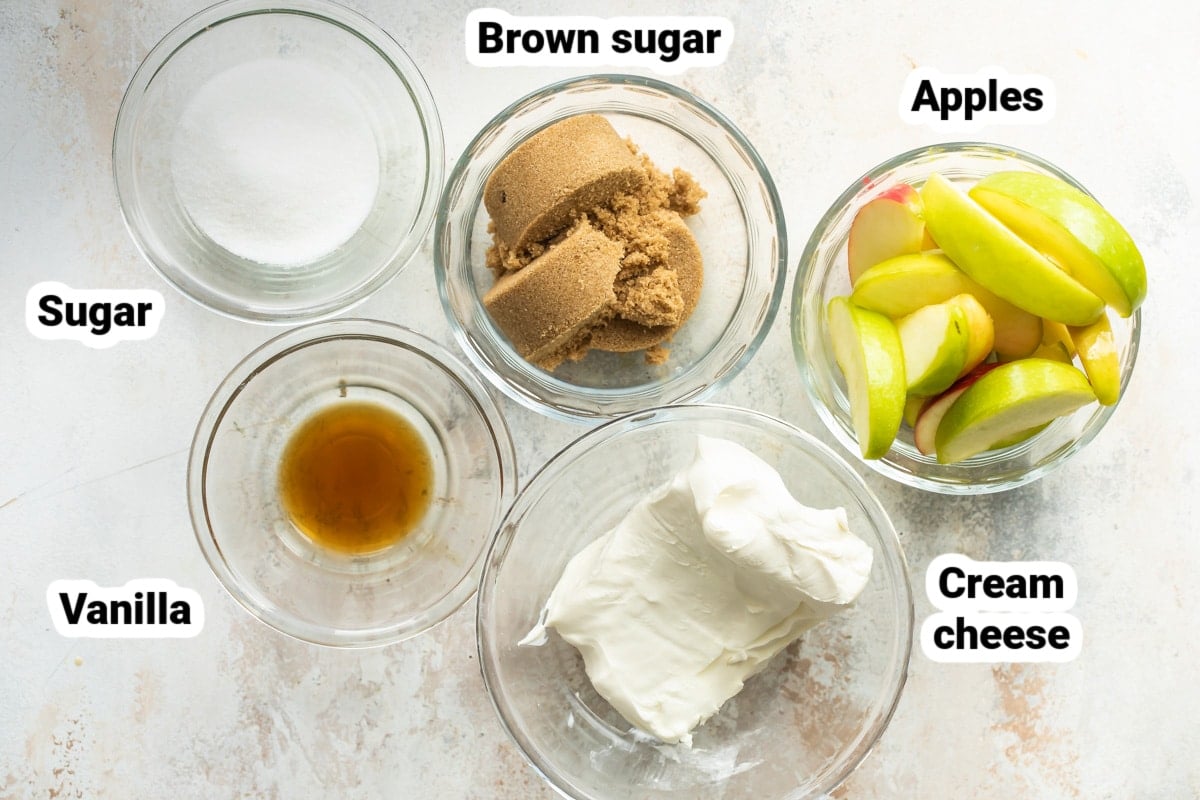 Labeled ingredients for caramel apple dip.