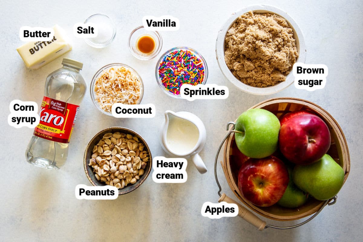 Labeled ingredients for caramel apples.