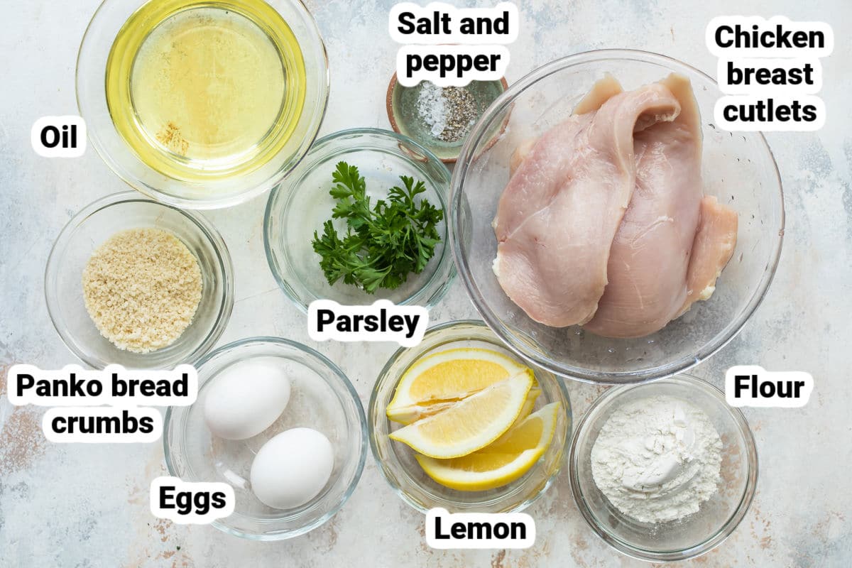 Labeled ingredients for chicken schnitzel.