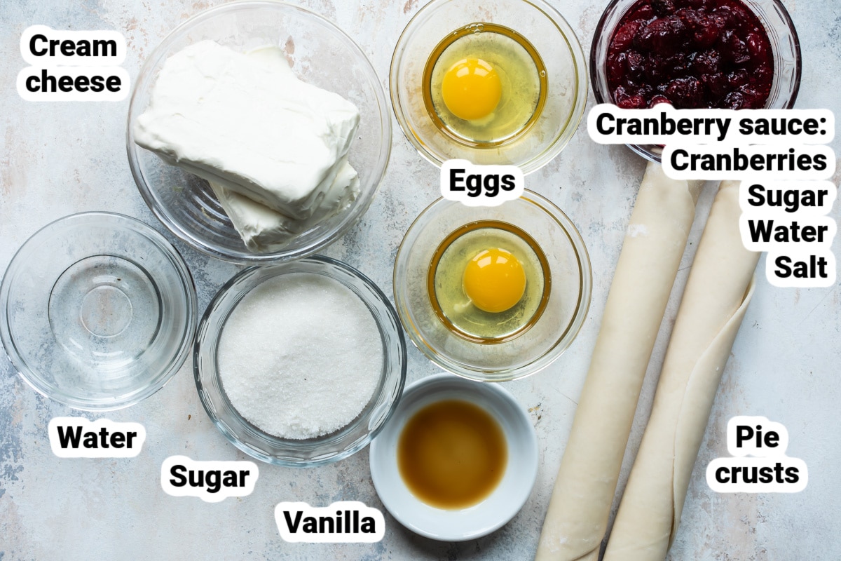 Labeled ingredients for cranberry cheesecake galette.