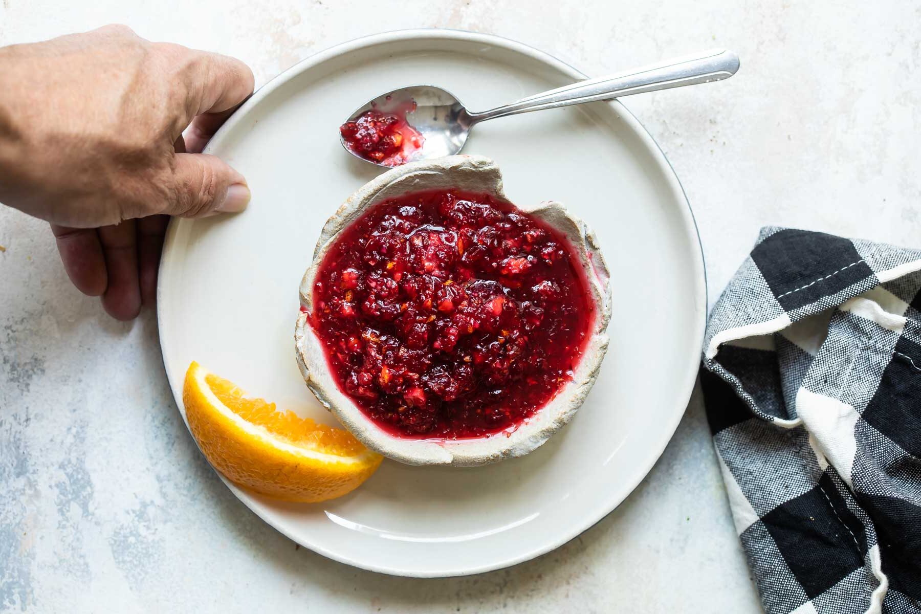 Cranberry relish in a white bowl.