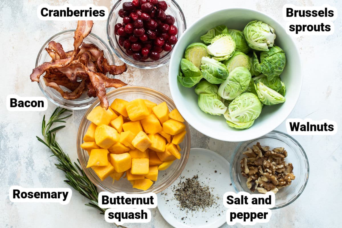 Labeled ingredients for harvest roasted vegetables.