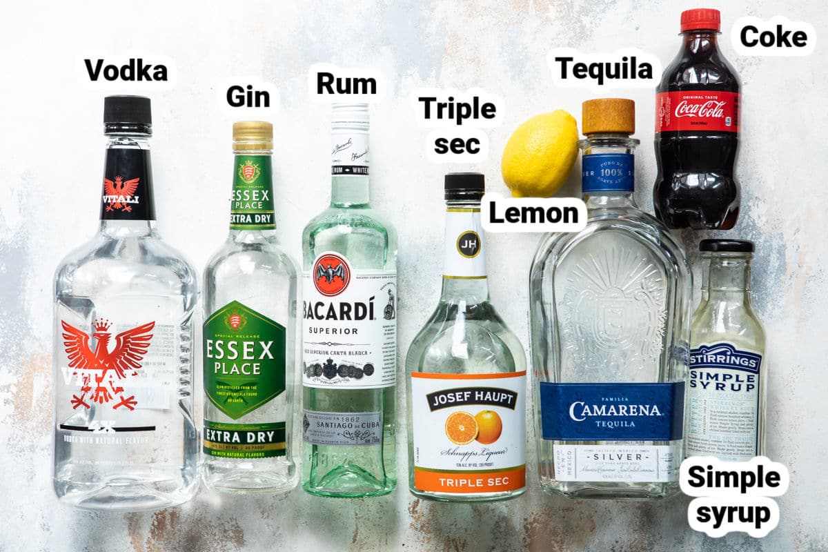 Labeled ingredients for long island iced tea.