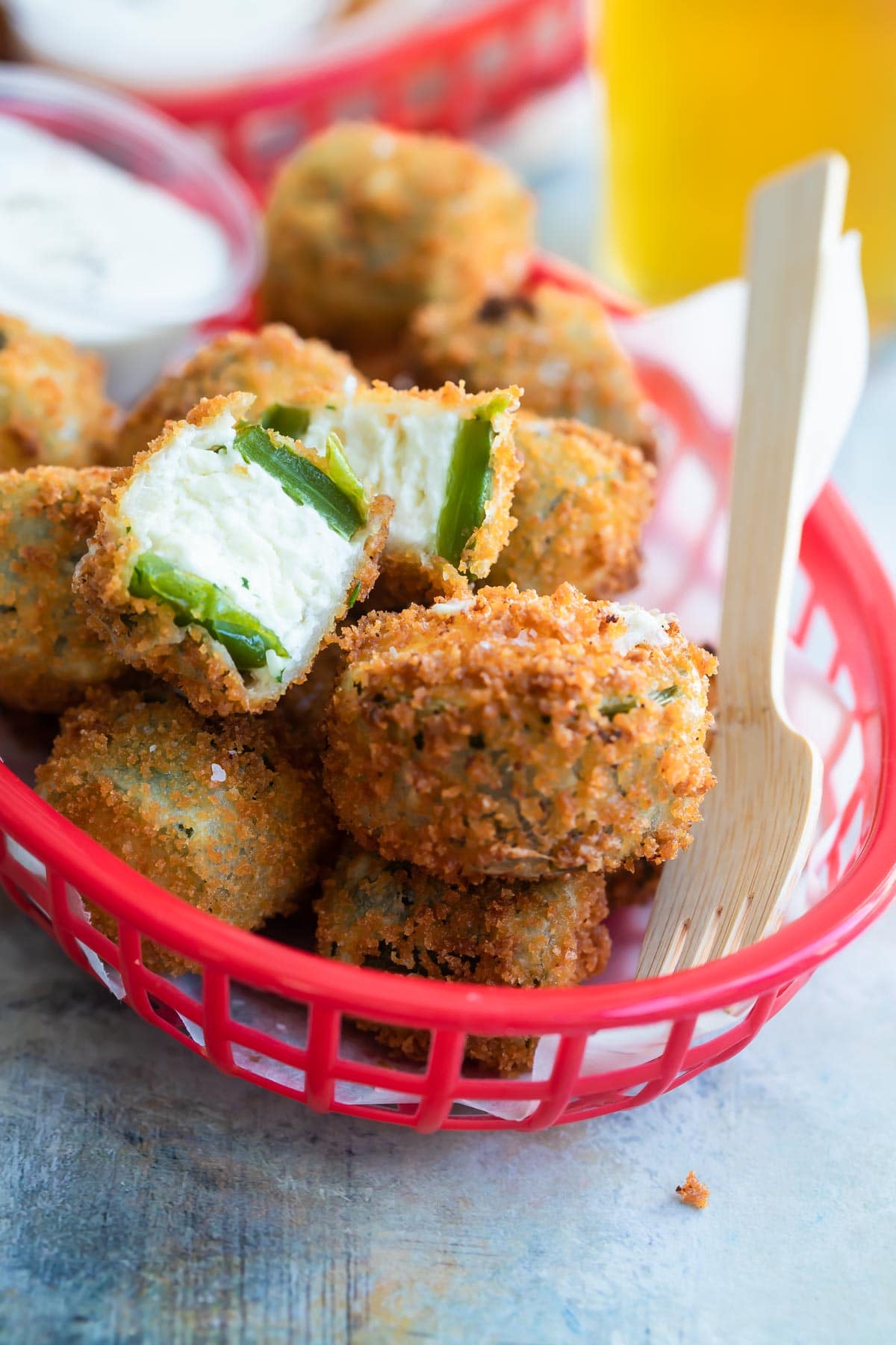 Baskets of bite-sized jalapeño poppers.