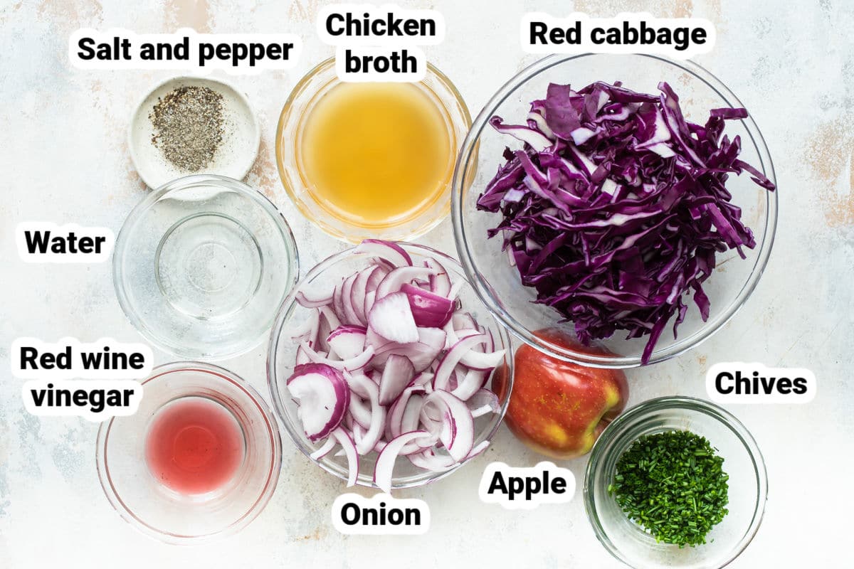 Labeled ingredients for braised red cabbage.