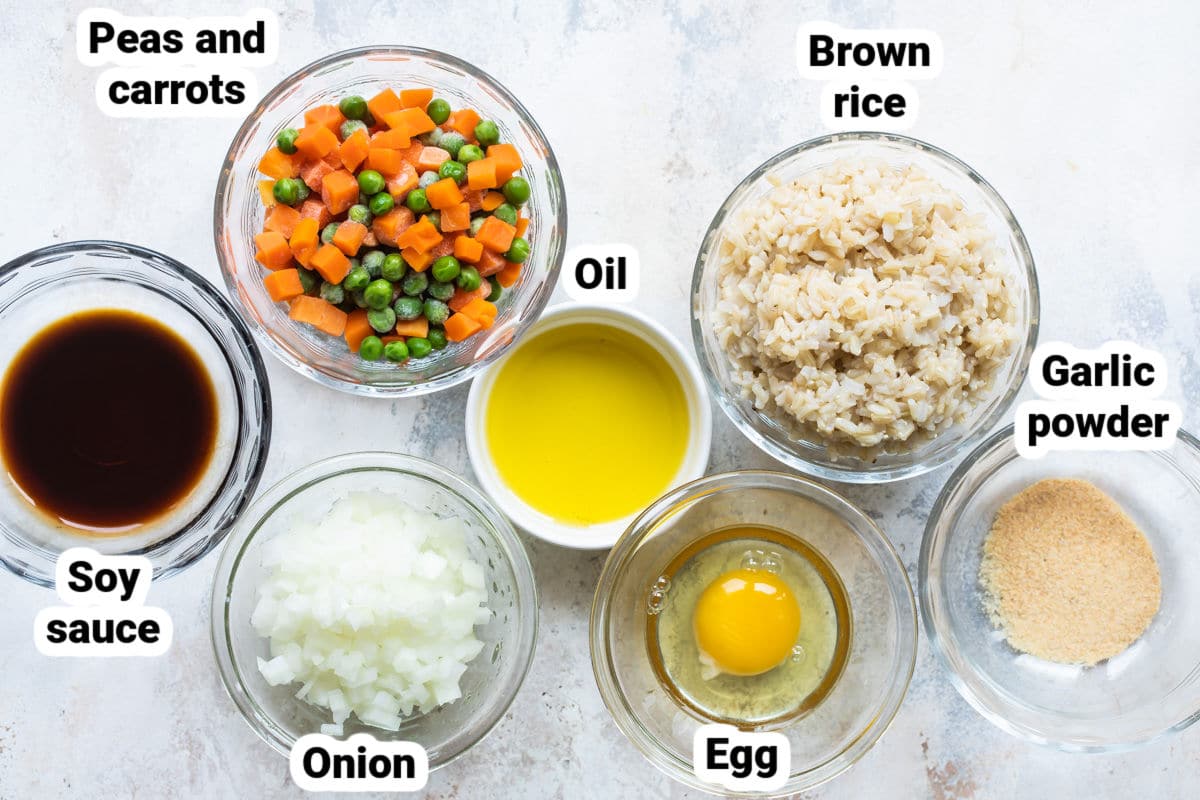 Labeled ingredients for brown fried rice.