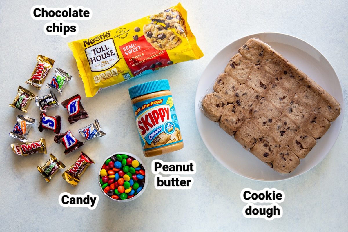 Labeled ingredients for Chocolate Chip Cookie Cake.