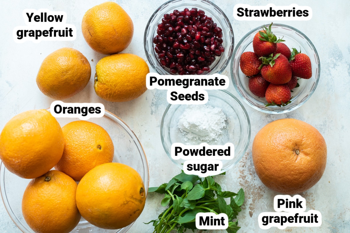 Labeled ingredients for citrus salad.