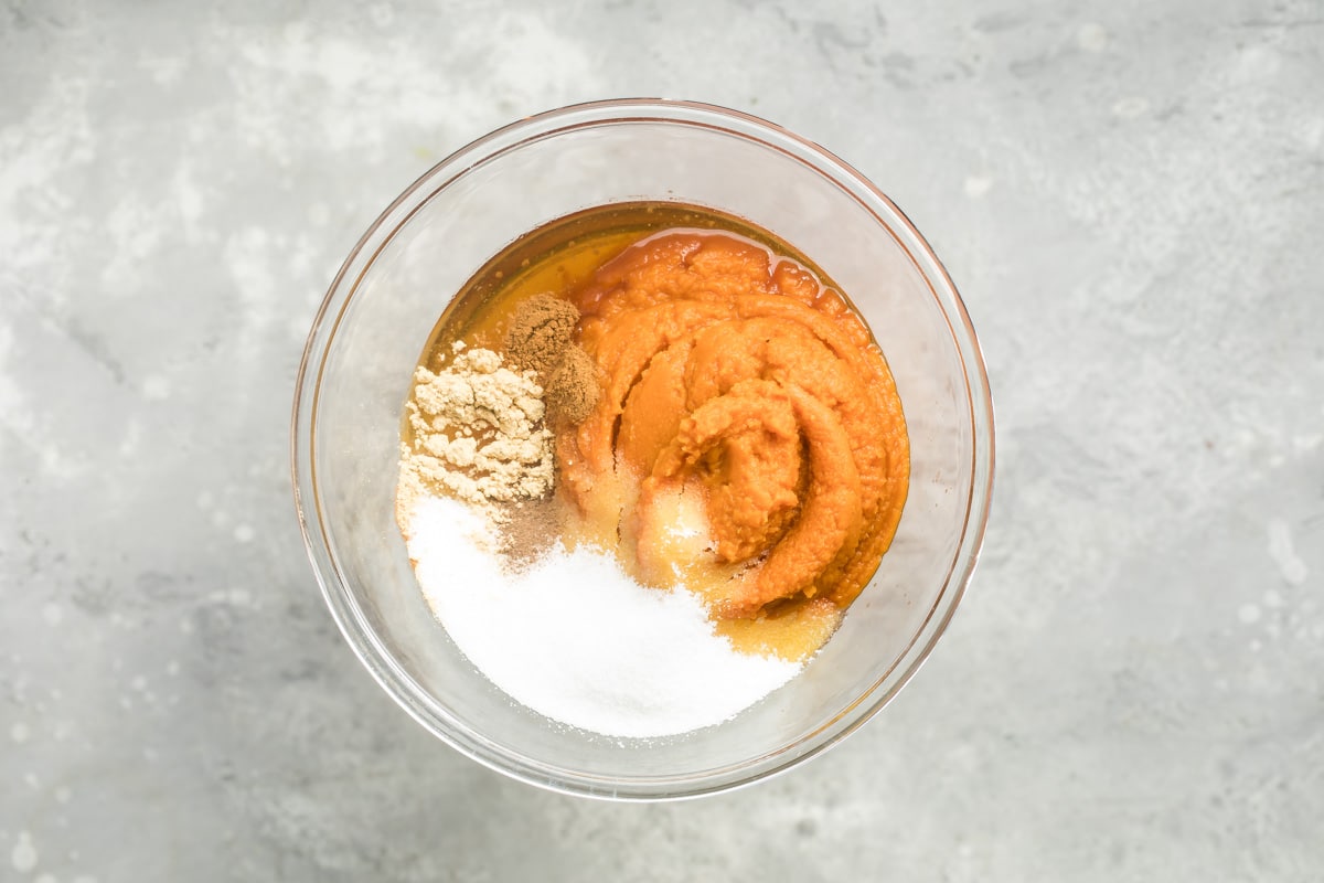 Pumpkin pie ingredients in a bowl.