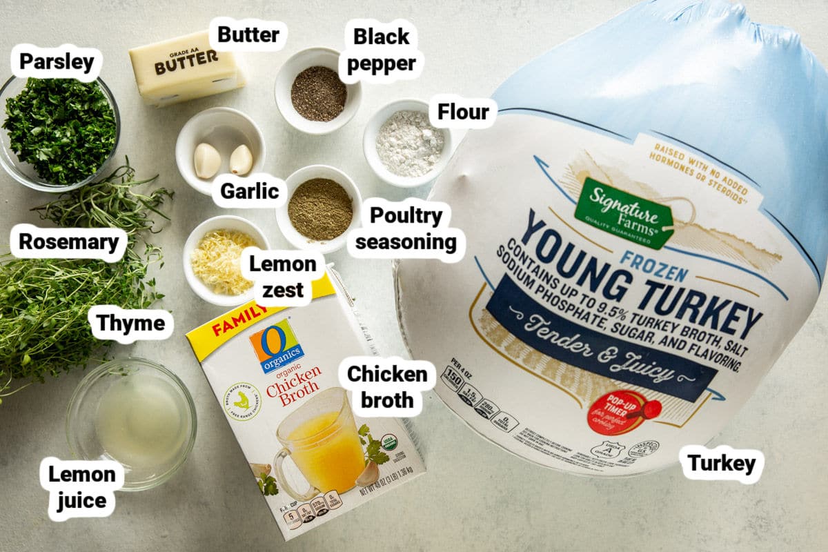 Labeled ingredients for make-ahead turkey.