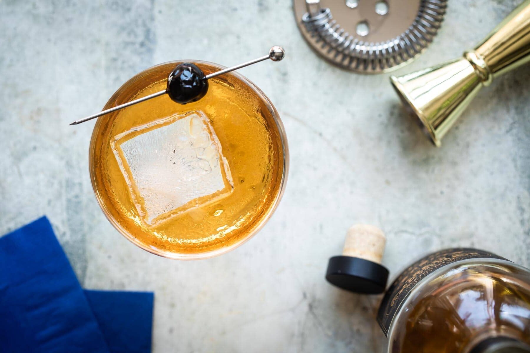 A Manhattan cocktail in a coup glass.
