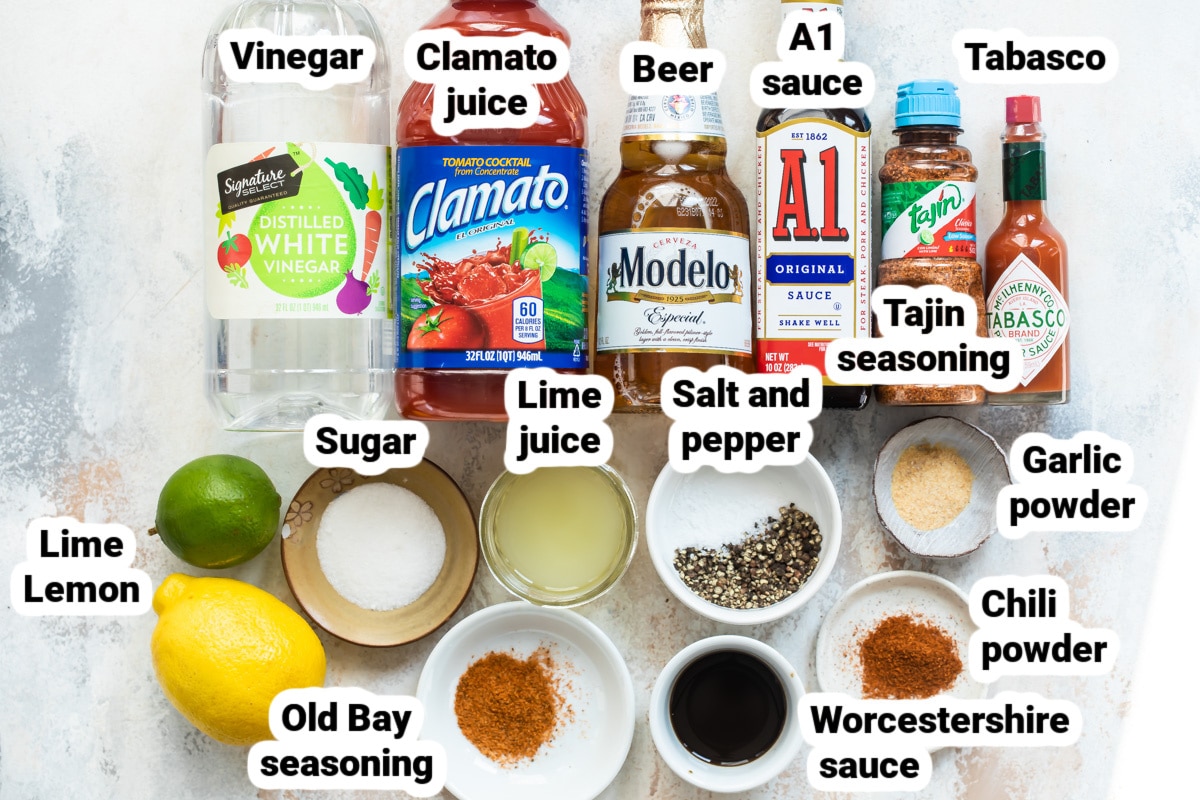 Labeled ingredients for a Michelada.