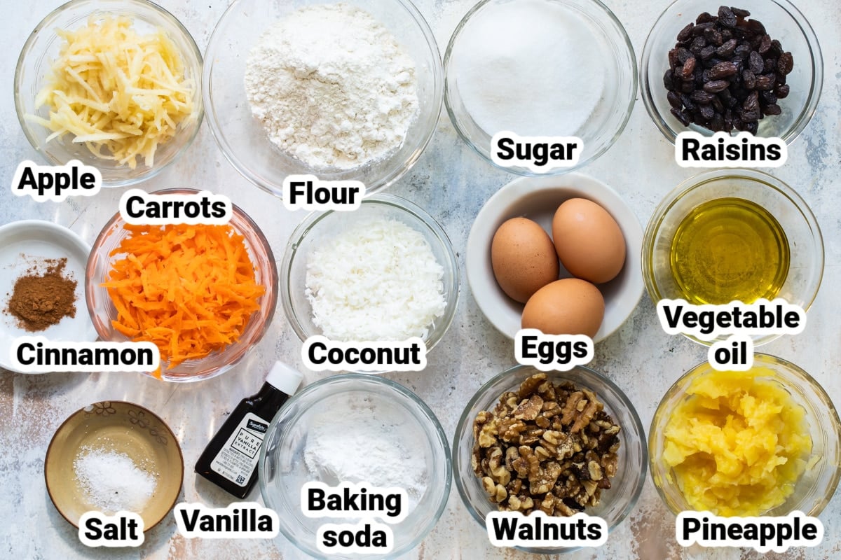 Labeled ingredients for morning glory muffins.