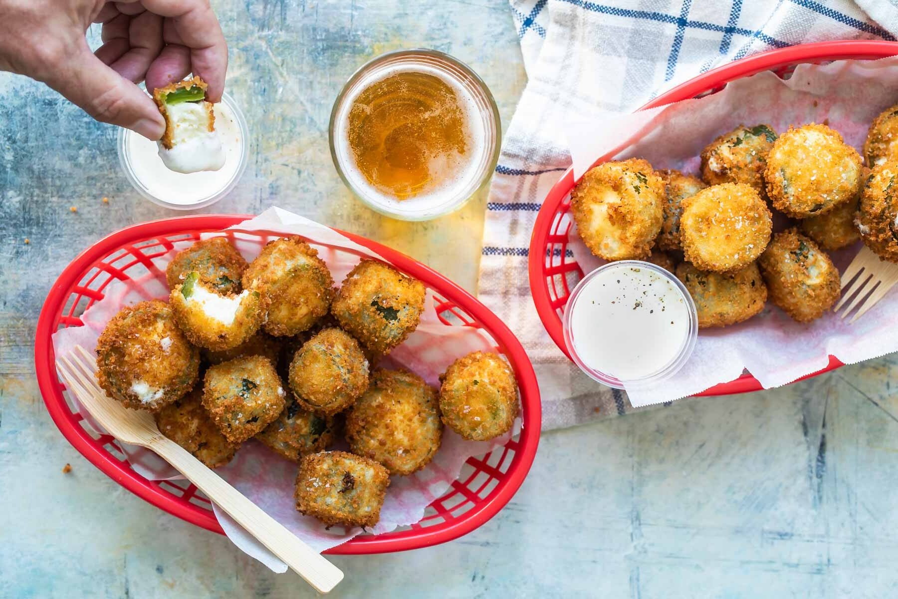 Baskets of bite-sized jalapeño poppers.