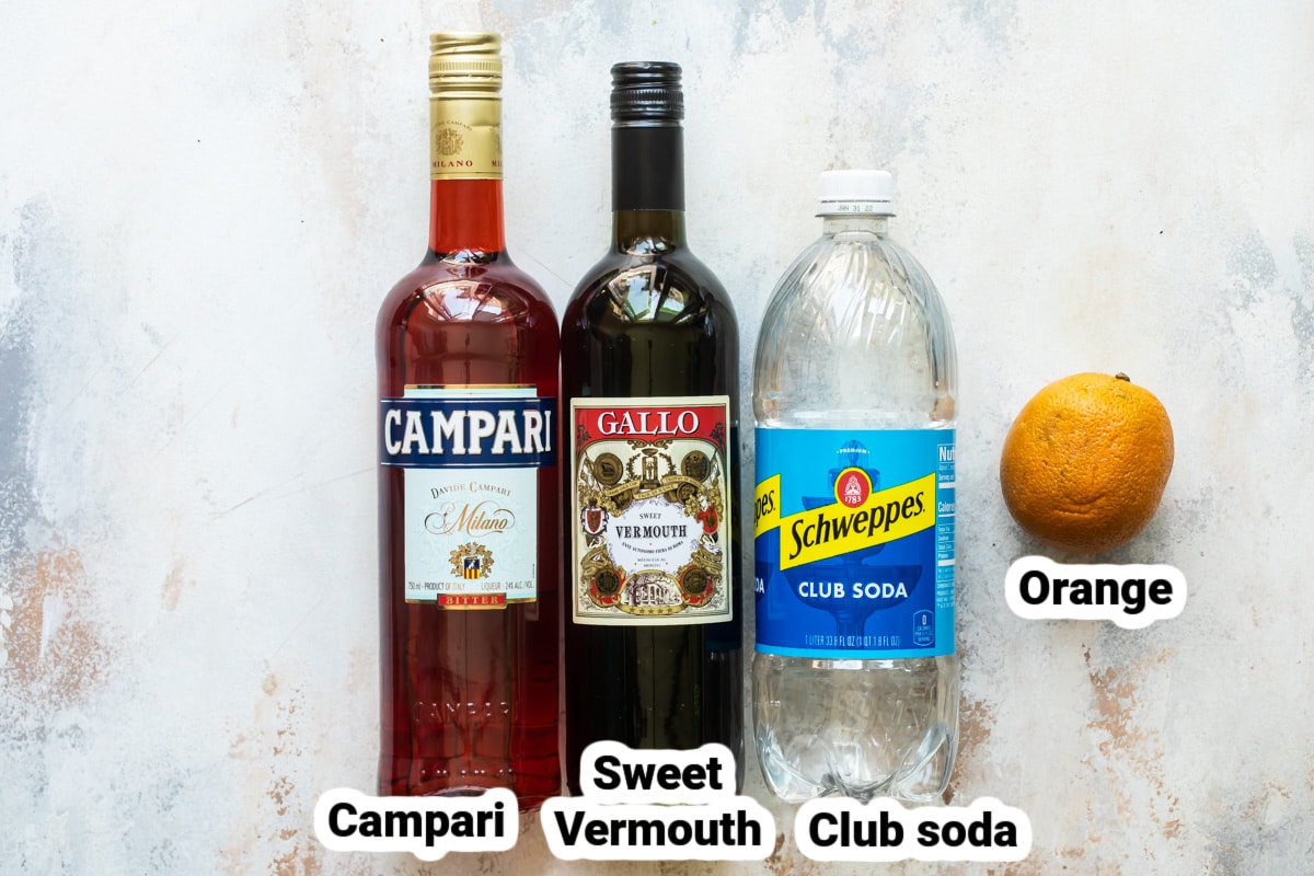 Labeled ingredients for an Americano cocktail.