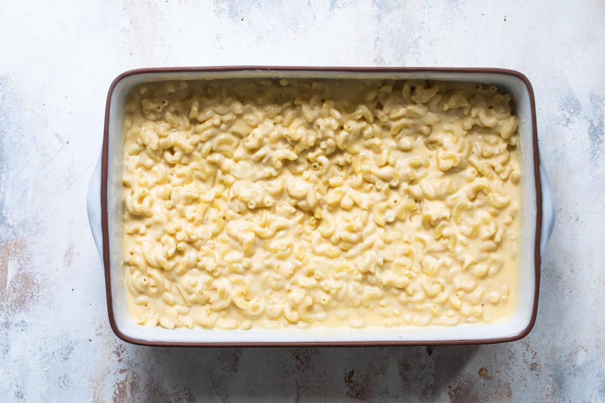 Macaroni and cheese in a casserole dish.