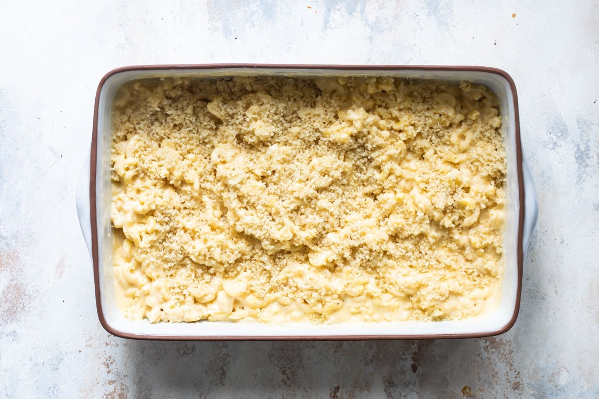 Macaroni and cheese in a casserole dish.