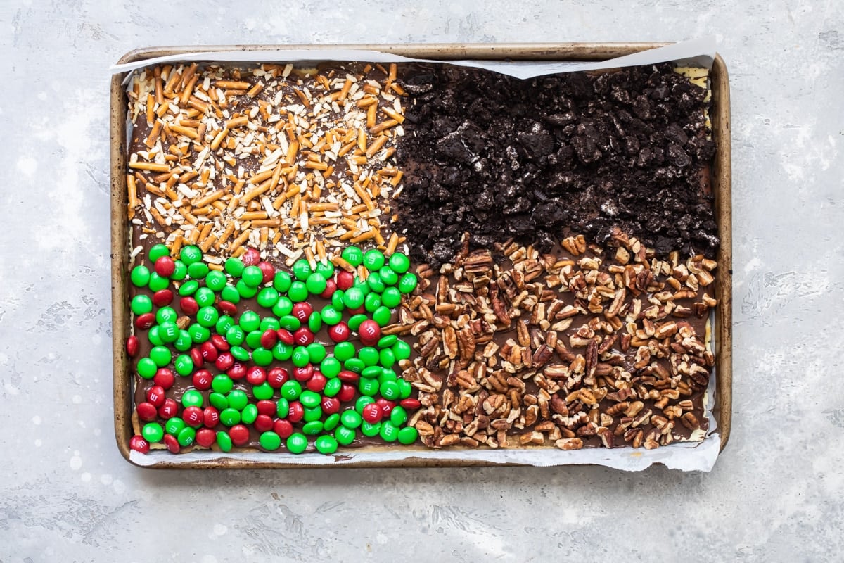Four flavors of Christmas crack on a white platter.