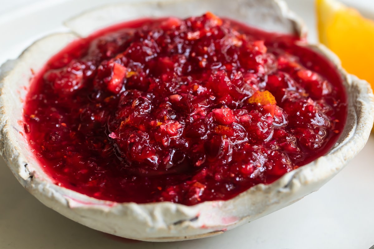 Cranberry relish in a white bowl.