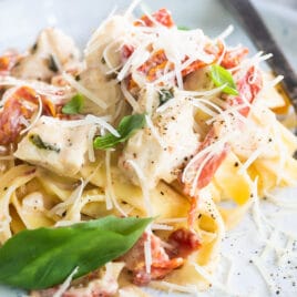 Two plates of creamy chicken pasta.