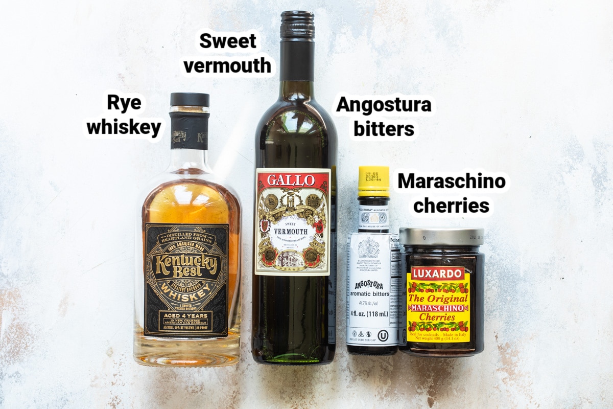 Labeled ingredients for a Manhattan.