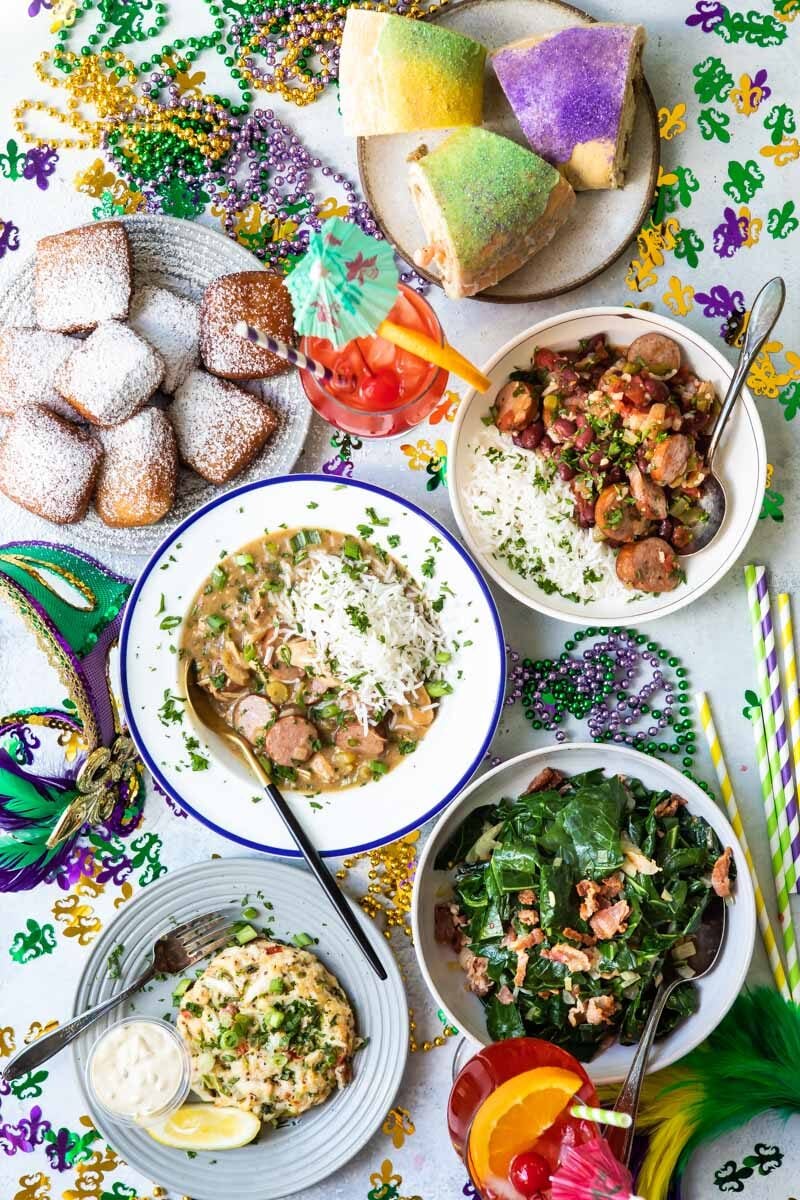 A table set for a Mardi Gras feast.