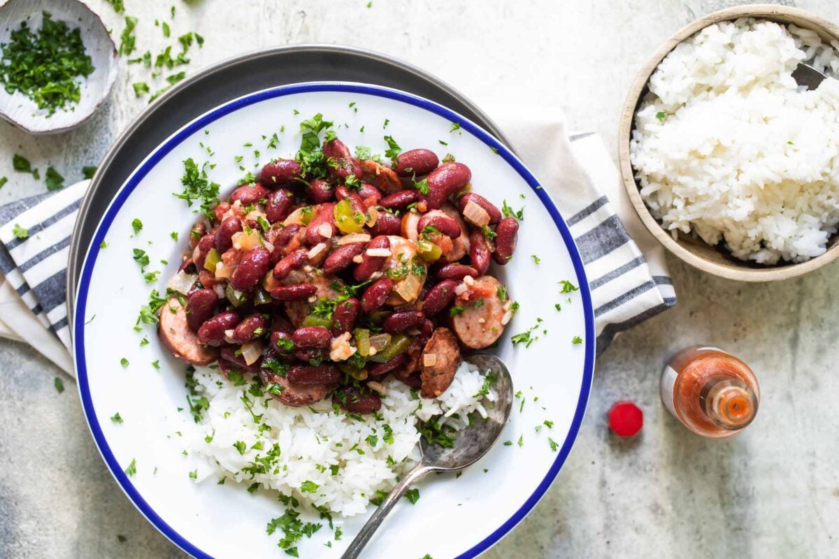 Red beans and rice on a round plate.