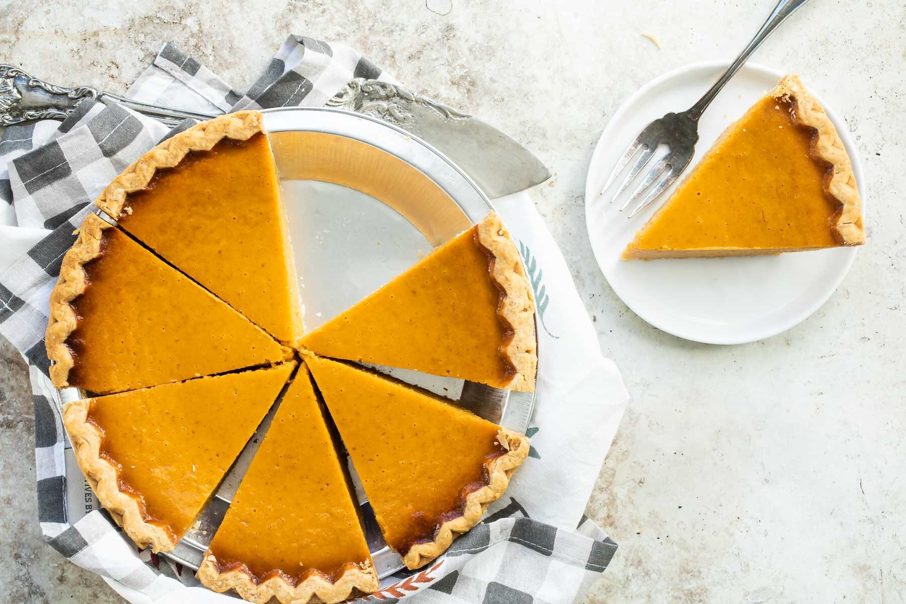 Slices of pumpkin pie in a pie plate.