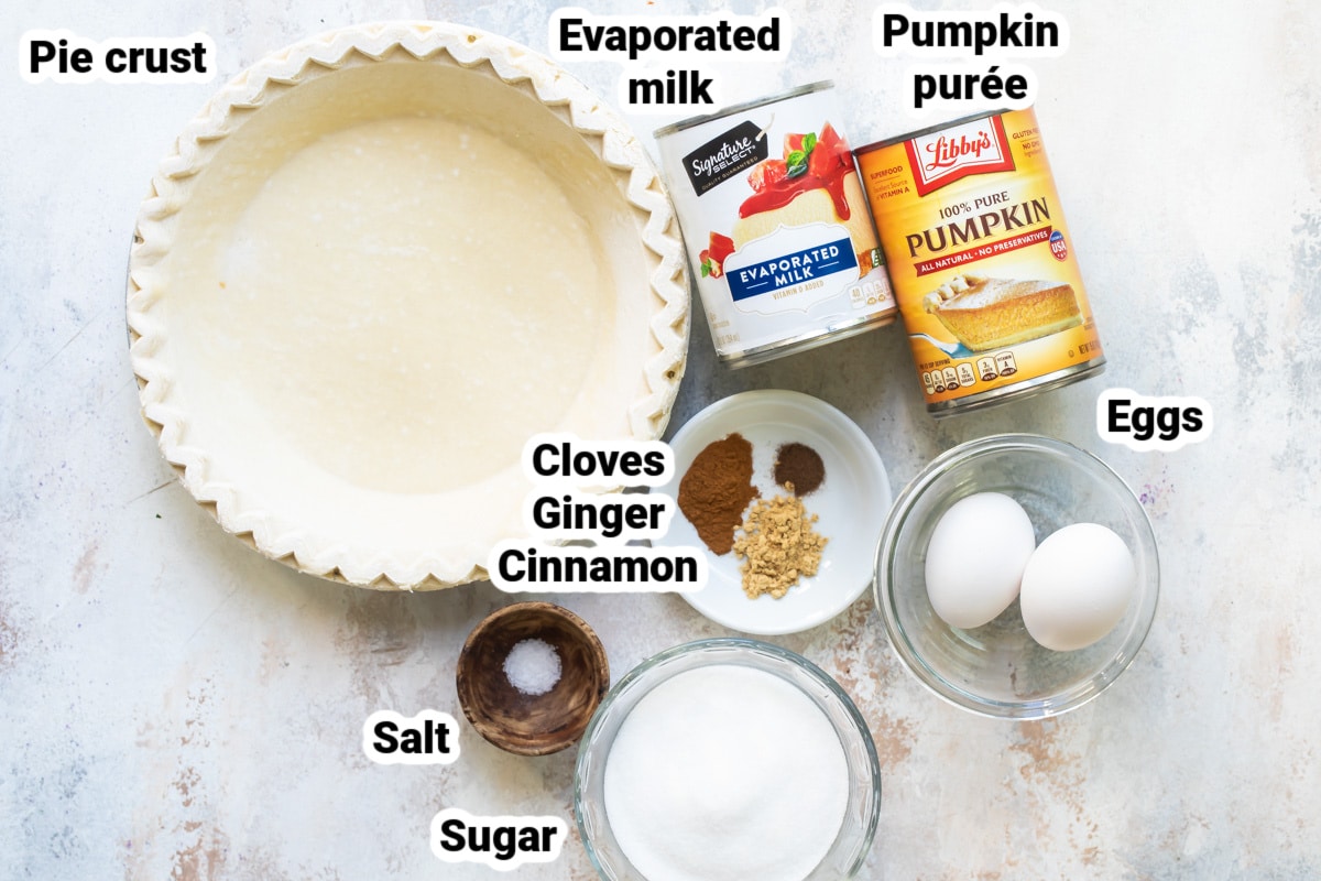 Labeled ingredients for pumpkin pie.