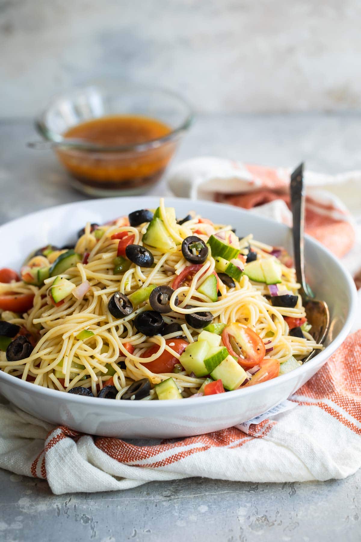 A bowl with California pasta salad.