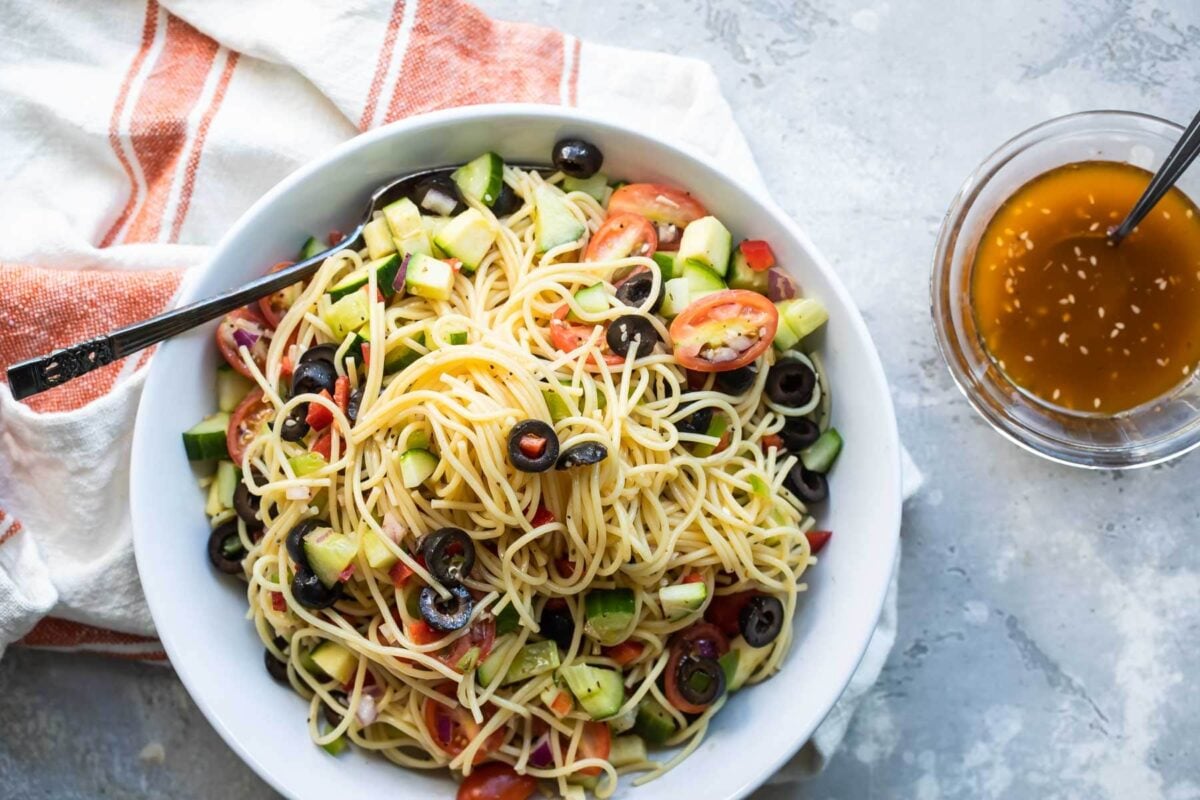 A bowl with California pasta salad.