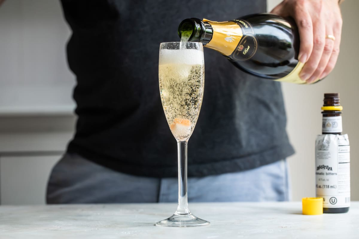 A champagne cocktail in a champagne flute.