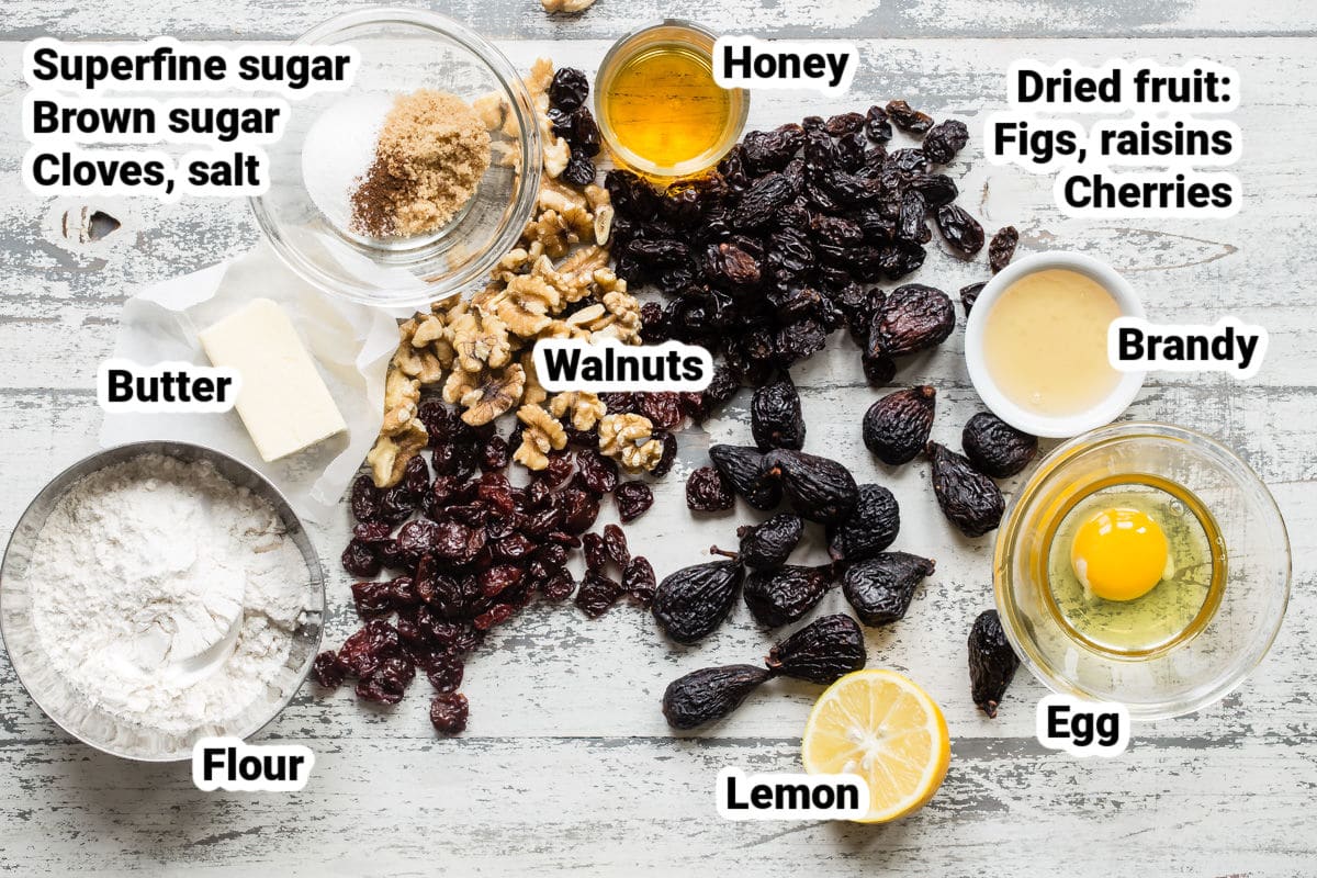 Labeled ingredients for fruitcake cookies.