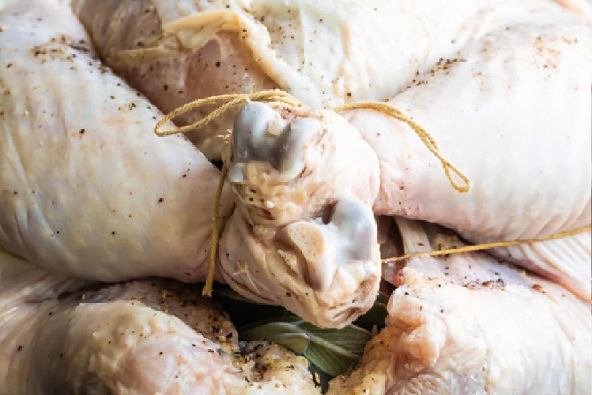 A raw trussed turkey in a roasting pan.