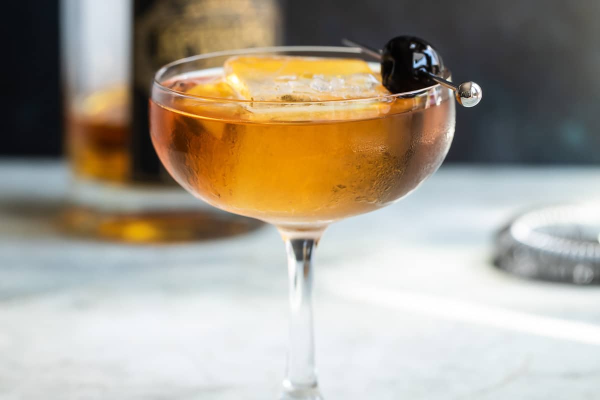 A Manhattan cocktail in a coup glass.