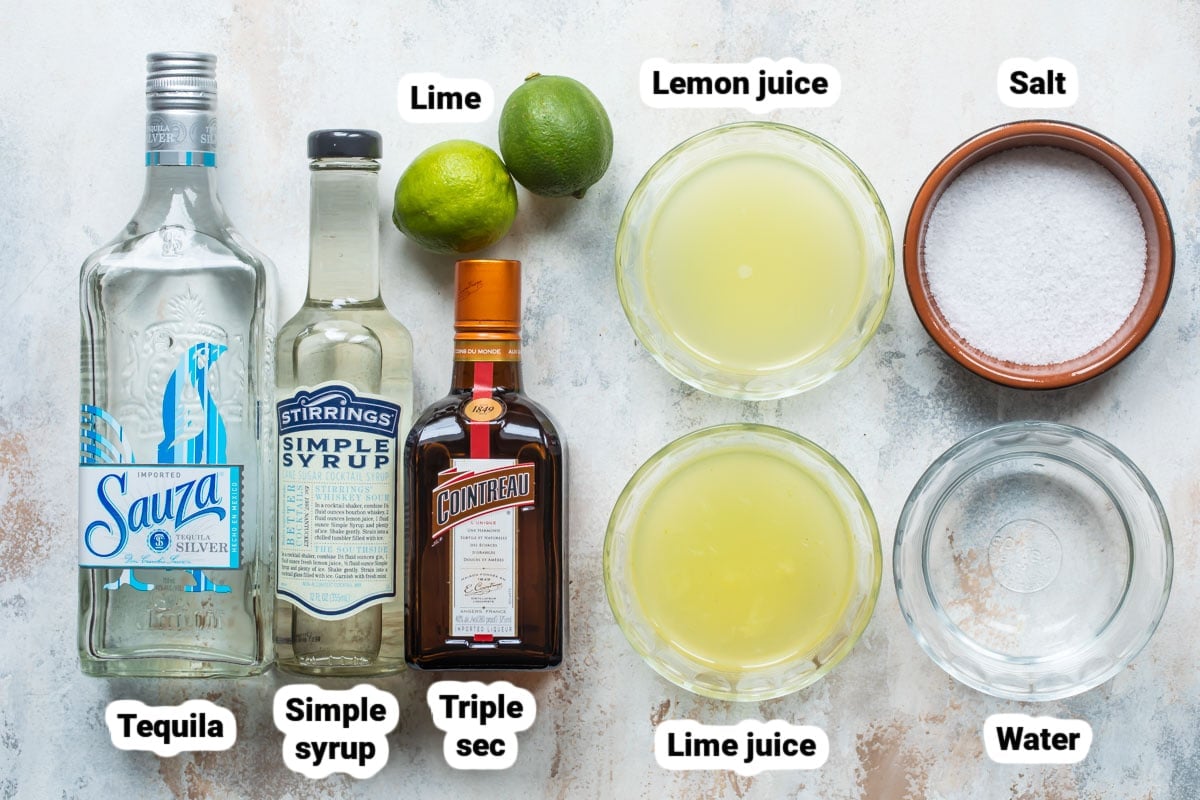 Labeled ingredients for Margaritas.